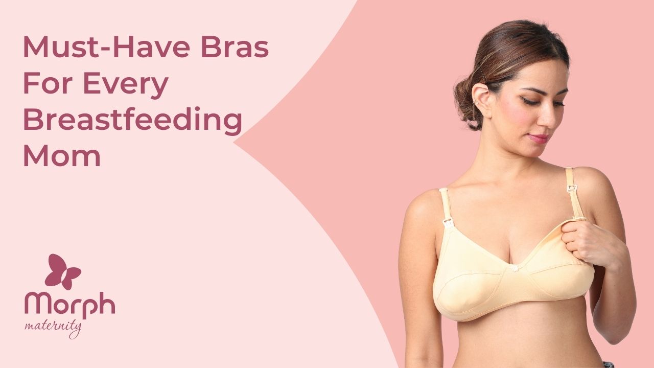 Image of women wearing a  bra with the heading "Must-Have Bras for Every Breastfeeding Mom"