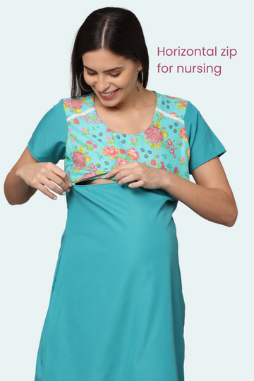 Teal Maternity Gown with Floral Yoke | Horizontal Zip Closures | Ideal for Pregnancy & Breastfeeding
