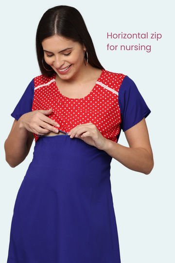 Royal Blue Maternity Gown with Red Polka Dot Yoke | Horizontal Zip Closures | Ideal for Pregnancy & Breastfeeding