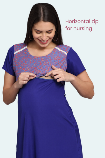 Royal Blue Maternity Gown with Patterned Yoke | Horizontal Zip Closures | Perfect for Pregnancy & Breastfeeding