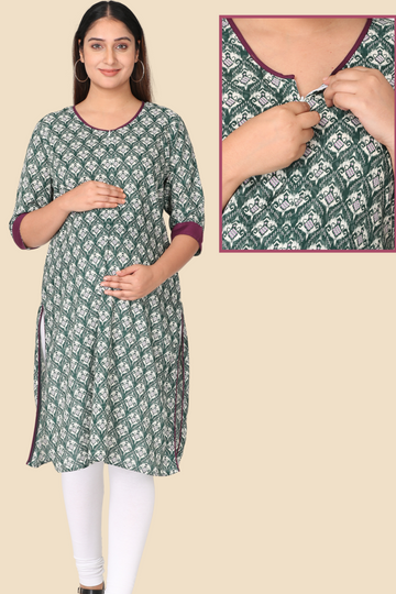 Green Printed Feeding Kurta with Zip | 1 Vertical Zipper | For Pregnancy & Breastfeeding
