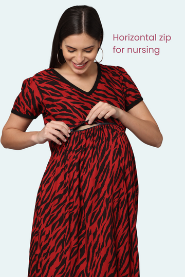 Bold Red Animal Print Maternity Dress with Front Horizontal  Zipper | Ideal for Pregnancy & Breastfeeding