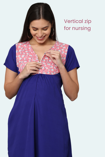 Navy Blue Maternity Gown with Pink Floral Yoke | Single Vertical Zip Closure | Ideal for Pregnancy & Breastfeeding