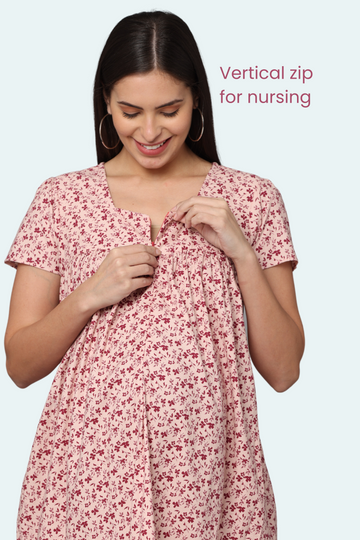 Soft Pink Floral Maternity Dress with Front Vertical Zipper | Ideal for Pregnancy & Breastfeeding