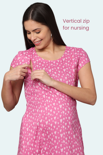 Pink Heart-Print Maternity Dress with Two Vertical  Front Zippers | Perfect for Pregnancy & Breastfeeding