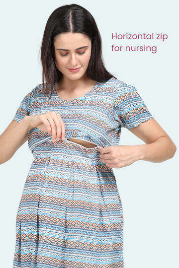 Printed Breast Feeding Dress for Women | Horizontal Zipper | Perfect for Pregnancy & Breastfeeding