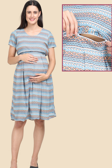 Printed Breast Feeding Dress for Women | Horizontal Zipper | Perfect for Pregnancy & Breastfeeding