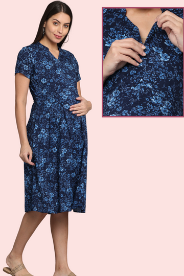 Navy Blue Floral Maternity Dress with Front  Vertical Zipper | Perfect for Pregnancy & Breastfeeding