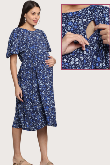 Navy Blue Floral Maternity Dress with Flutter Sleeves |2 Vertical Zippers | Ideal for Pregnancy & Breastfeeding