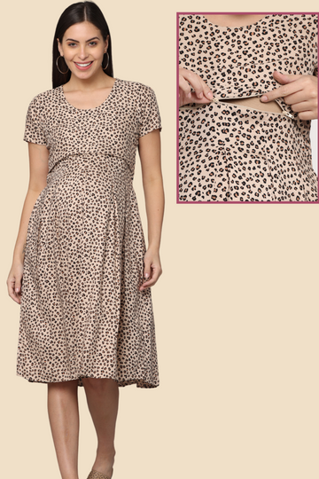 Leopard Print Maternity Dress | 1 Horizontal Zipper | Ideal for Pregnancy & Breastfeeding