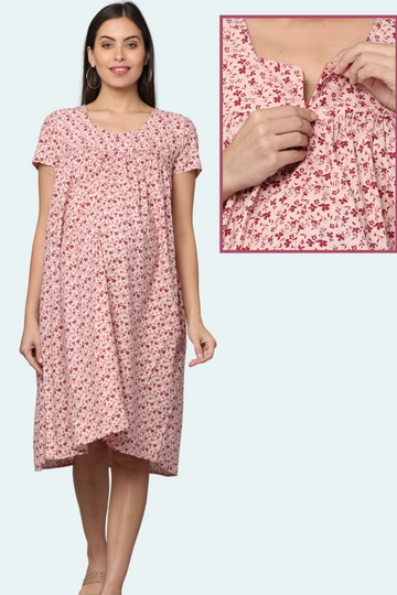 Soft Pink Floral Maternity Dress with Front Vertical Zipper | Ideal for Pregnancy & Breastfeeding