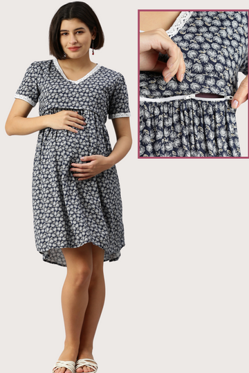 Navy Blue Printed Maternity Dress with Lace Trim | 1 Horizontal Zipper | Ideal for Pregnancy & Nursing