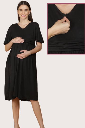 Classic Black Maternity Dress with Front  Vertical Zipper | Perfect for Pregnancy & Breastfeeding