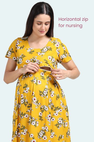 Floral Ladies Feeding Dress | Horizontal Zipper | Ideal for Pregnancy & Breastfeeding