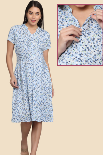 Delicate Floral Maternity Dress with Front Vertical Zipper | Perfect for Pregnancy & Breastfeeding