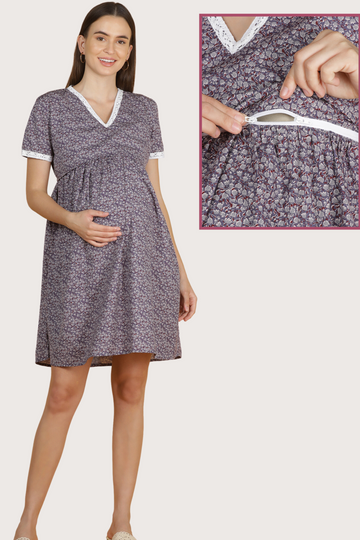 Purple Floral Maternity Dress with Lace Trim |  1 Horizontal Zipper | Perfect for Pregnancy & Nursing