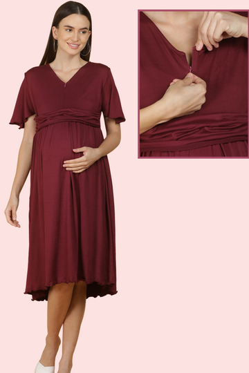 Elegant Maroon Maternity Dress with Front Vertical Zipper | Perfect for Pregnancy & Breastfeeding