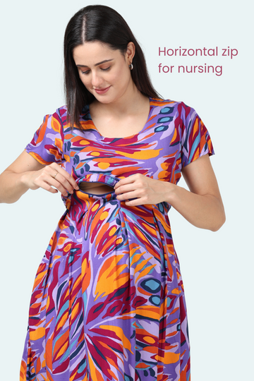 Vibrant Abstract Maternity and Breastfeeding Dress | Horizontal Zipper | Perfect for Pregnancy & Nursing