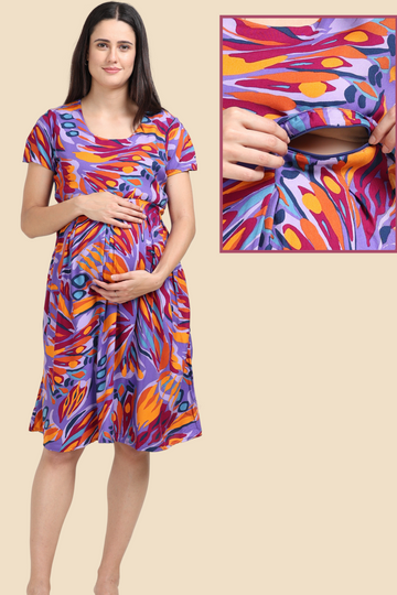 Vibrant Abstract Maternity and Breastfeeding Dress | Horizontal Zipper | Perfect for Pregnancy & Nursing
