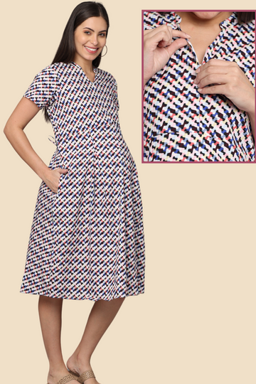 Patterned Maternity Dress with Front Vertical Zipper | Perfect for Pregnancy & Breastfeeding