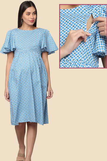 Blue Geometric Maternity Dress with Flutter Sleeves |  2 Vertical Zippers | Ideal for Pregnancy & Breastfeeding