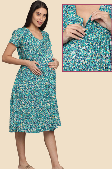 Teal Floral Maternity Dress with Front Vertical  Zipper | Ideal for Pregnancy & Breastfeeding