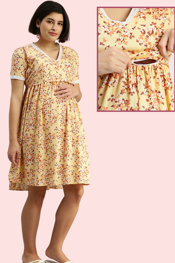 Yellow Floral Maternity Dress with Lace Trim | Horizontal Zipper | Ideal for Pregnancy & Breastfeeding