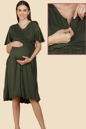 Elegant Olive Green Maternity Dress with Front Vertical Zipper | Ideal for Pregnancy & Breastfeeding