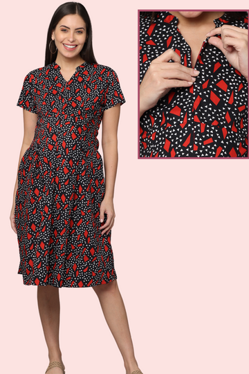 Geometric Print Maternity Dress | 2 Vertical Zippers | Perfect for Pregnancy & Breastfeeding