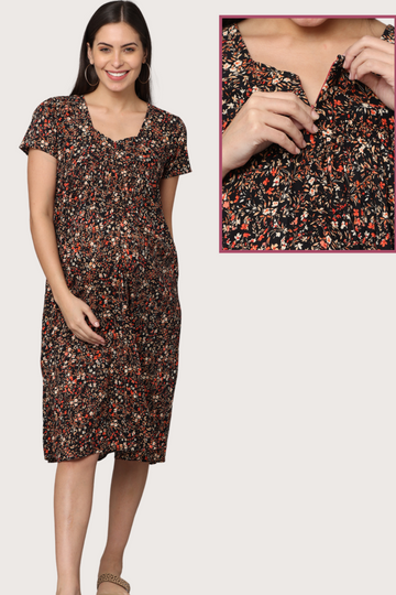 Autumn Floral Print Maternity Dress with Front Vertical Zipper | Perfect for Pregnancy & Breastfeeding