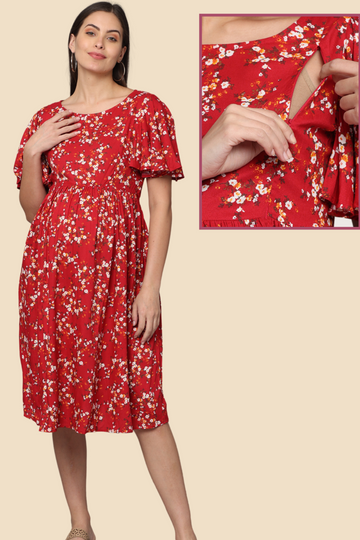 Red Floral Maternity Dress with Flutter Sleeves | 2 Vertical Zippers | Ideal for Pregnancy & Breastfeeding
