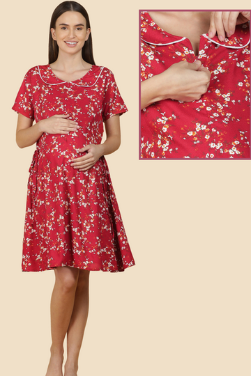 Red Floral Maternity Dress with Peter Pan Collar | Front Vertical Zip | Ideal for Pregnancy & Breastfeeding