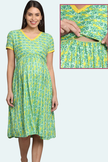 Yellow and Green Floral Maternity Dress | 1 Horizontal Zipper | Perfect for Pregnancy & Breastfeeding