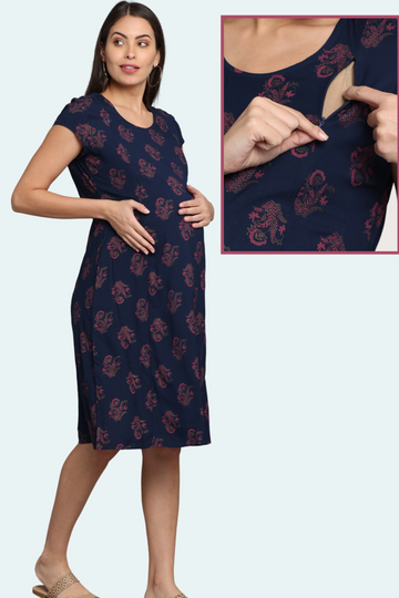 Navy Blue Maternity Dress with Paisley Print | 2 Vertical Zippers | Perfect for Pregnancy & Breastfeeding