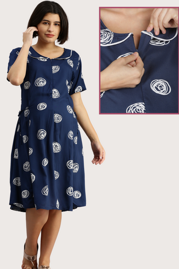Navy Blue Maternity Dress with Modern Print | Front Vertical Zipper | Perfect for Pregnancy & Breastfeeding
