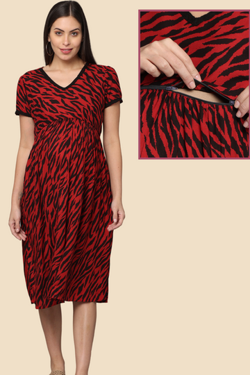Bold Red Animal Print Maternity Dress with Front Horizontal  Zipper | Ideal for Pregnancy & Breastfeeding