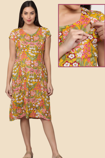 Floral Yellow Maternity Dress | 2 Vertical Zippers | Ideal for Pregnancy & Breastfeeding