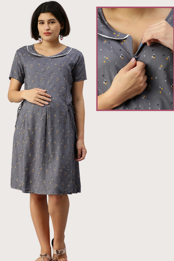 Charming Grey Maternity Dress with Peter Pan Collar | 1 Vertical Zipper | Ideal for Pregnancy & Breastfeeding