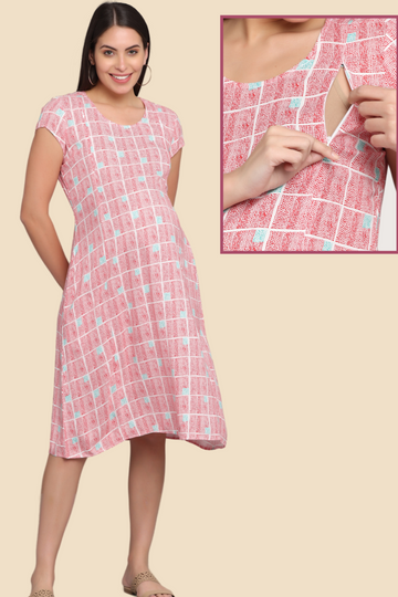 Pink and White Checkered Maternity Dress with Front 2 Vertical Zippers | Perfect for Pregnancy & Breastfeeding