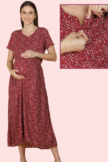 Cherry Red Floral Maternity Maxi Dress with Front Vertical Zipper | Perfect for Pregnancy & Breastfeeding