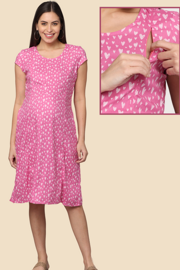 Pink Heart-Print Maternity Dress with Two Vertical  Front Zippers | Perfect for Pregnancy & Breastfeeding