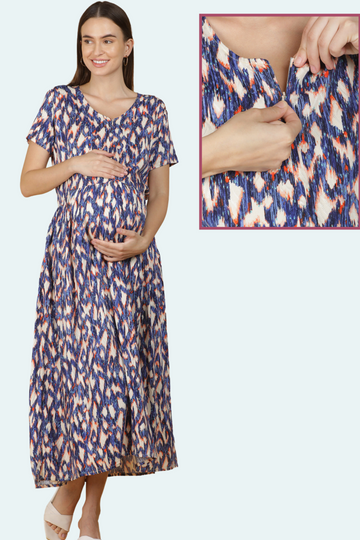 Indigo Printed Maternity & Nursing Maxi Dress | 1 Vertical Zipper | Ideal for Pregnancy & Breastfeeding