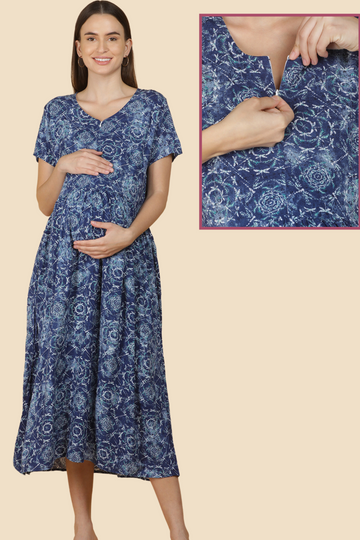 Bold Ikat Print Maternity Maxi Dress with Front Vertical Zipper | Perfect for Pregnancy & Breastfeeding