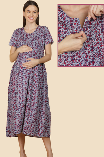 Burgundy Floral Maternity Maxi Dress with Front Vertical Zipper | Ideal for Pregnancy & Breastfeeding
