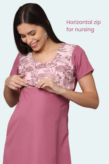 Dusty Rose Maternity Gown with Floral Yoke | Dual Horizontal Zip Closures | Ideal for Pregnancy & Breastfeeding