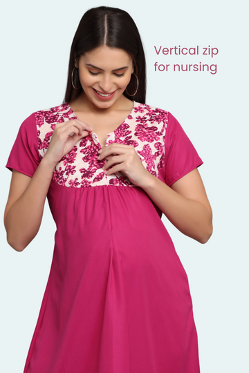 Elegant Pink Maternity Gown | Single Vertical Zip Closure | Ideal for Pregnancy & Breastfeeding