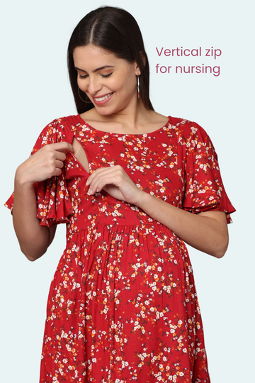 Red Floral Maternity Dress with Flutter Sleeves | 2 Vertical Zippers | Ideal for Pregnancy & Breastfeeding