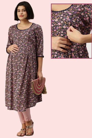 Floral Nursing Kurti with Pink & Black Print | 2 Vertical Zips | Ideal for Pregnancy & Breastfeeding