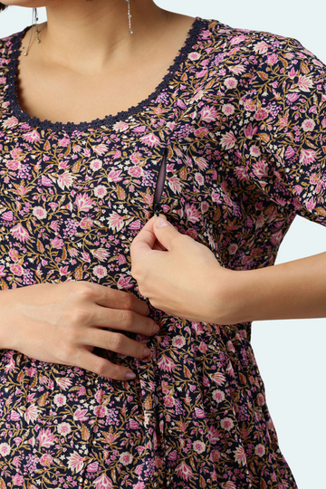 Floral Nursing Kurti with Pink & Black Print | 2 Vertical Zips | Ideal for Pregnancy & Breastfeeding