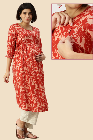 Bold Red Feeding Kurta with Floral Print | 2 Vertical Zips | Suitable for Pregnancy & Nursing